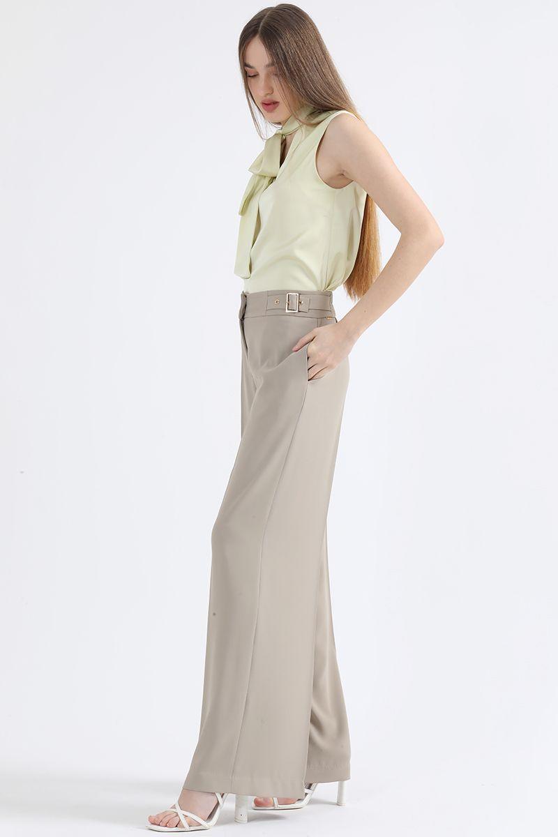 Pantalon Ancho, Tiro Alto, Con Hebillas, Beige Liola-2