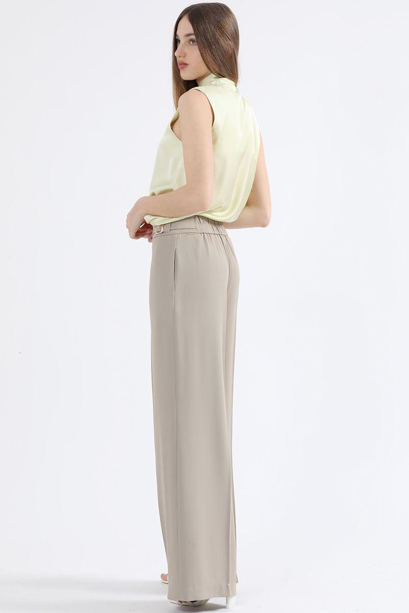 Pantalon Ancho, Tiro Alto, Con Hebillas, Beige Liola-3