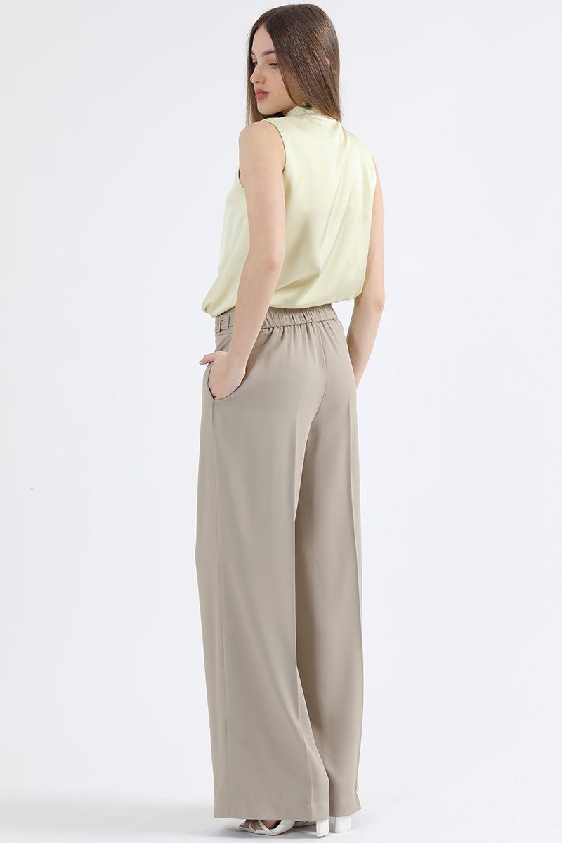 Pantalon Ancho, Tiro Alto, Con Hebillas, Beige Liola-4