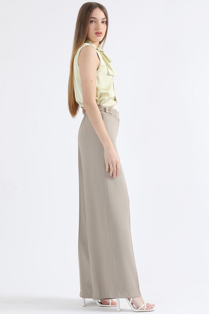 Pantalon Ancho, Tiro Alto, Con Hebillas, Beige Liola-5