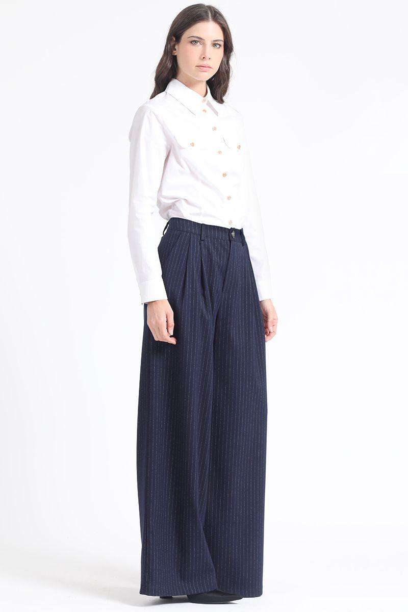 Pantalon Ancho Listado,Tiro Alto Con Pinzas, Azul Liola-2