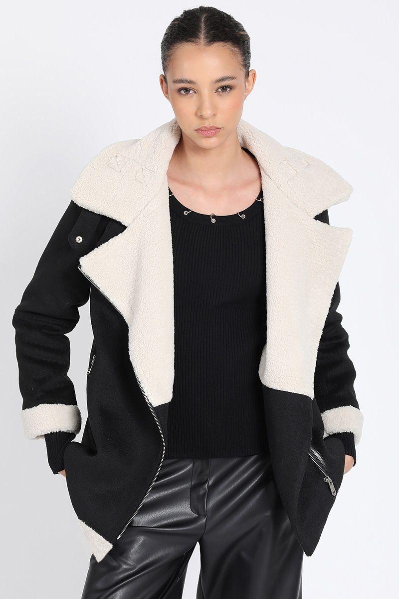 Chaqueta Larga Biker, Doble Faz Efecto Piel, Negro Liola-0