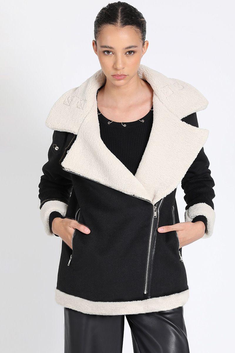 Chaqueta Larga Biker, Doble Faz Efecto Piel, Negro Liola-1