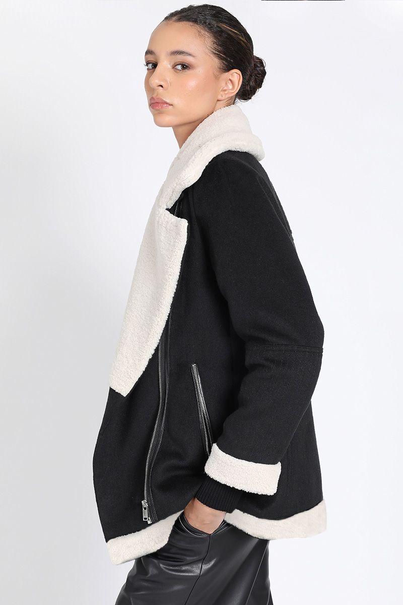 Chaqueta Larga Biker, Doble Faz Efecto Piel, Negro Liola-2
