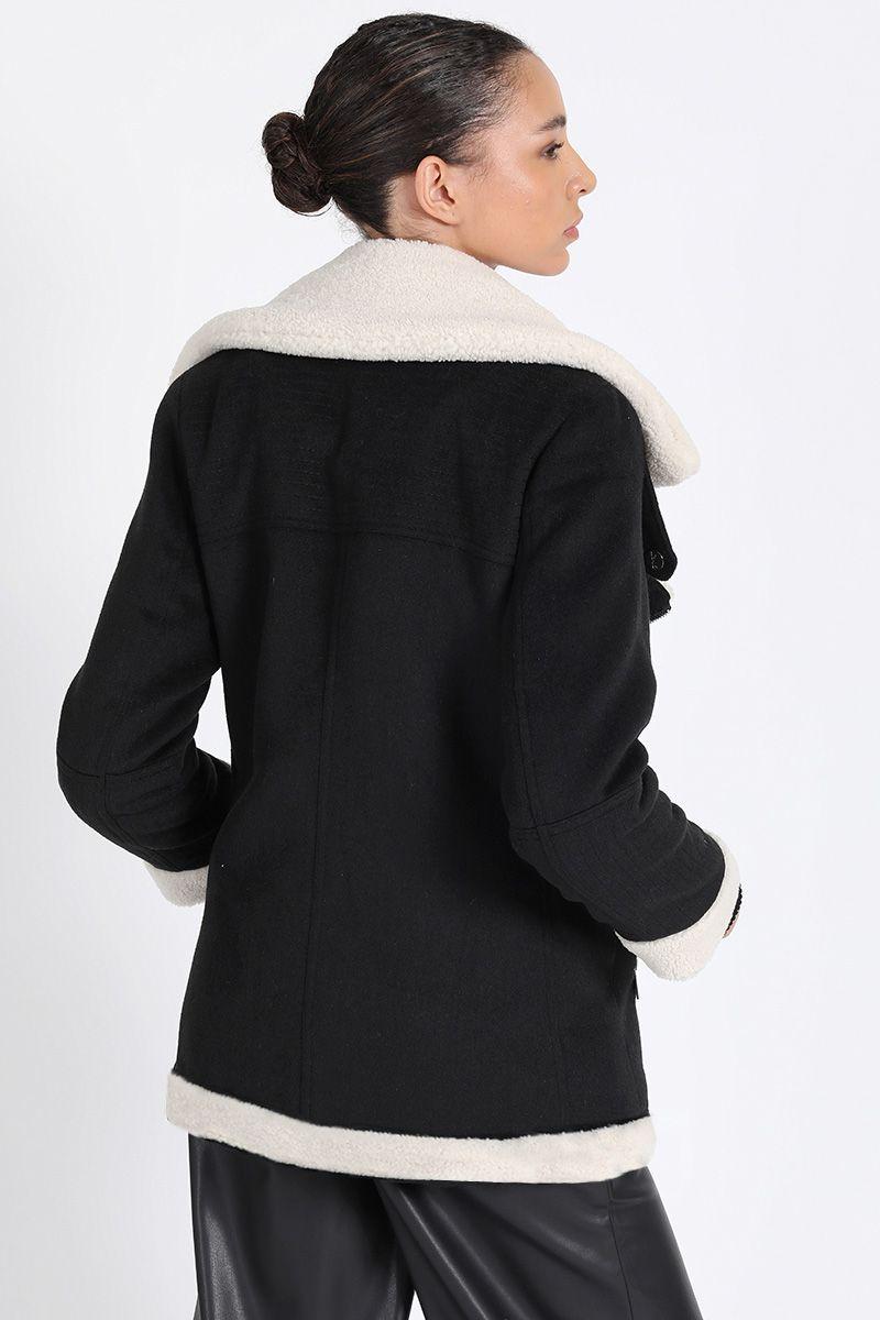 Chaqueta Larga Biker, Doble Faz Efecto Piel, Negro Liola-3