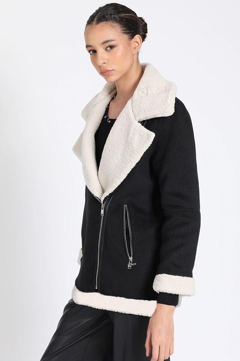 Chaqueta Larga Biker, Doble Faz Efecto Piel, Negro Liola-4