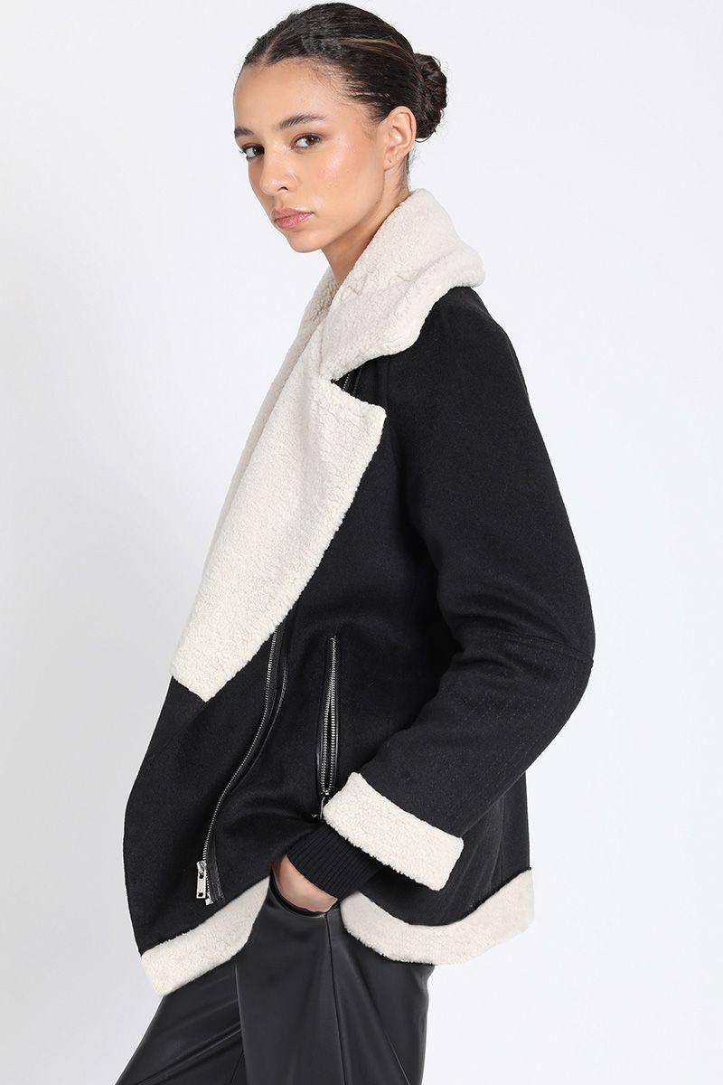 Chaqueta Larga Biker, Doble Faz Efecto Piel, Negro Liola-5