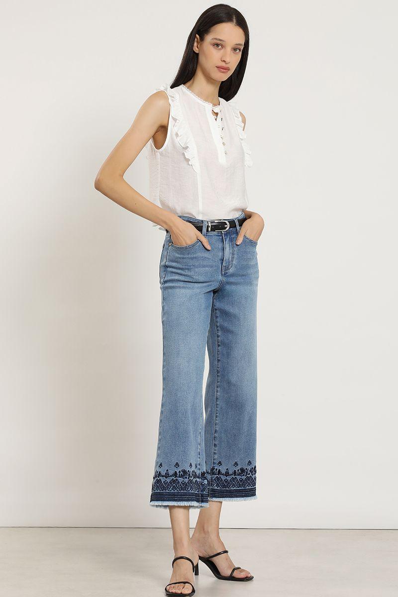 Jeans cropped straight, bordado, azul Liola-3