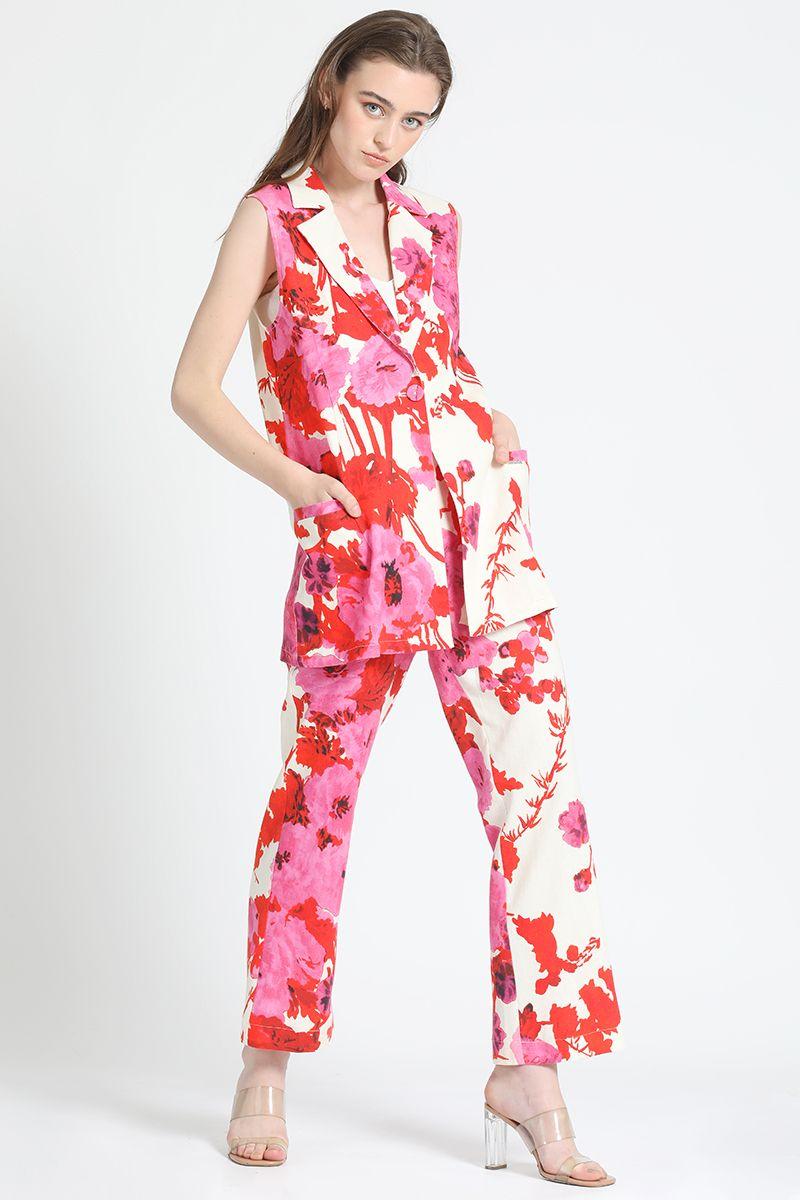 Chaleco Sastre Largo , Lino Mix Estampado Rosa Liola-2