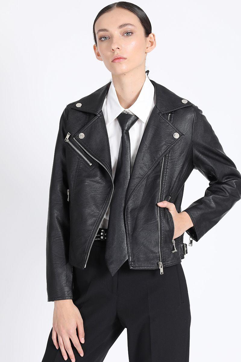Chaqueta Corta Biker Efecto Cuero, Negro Liola-0