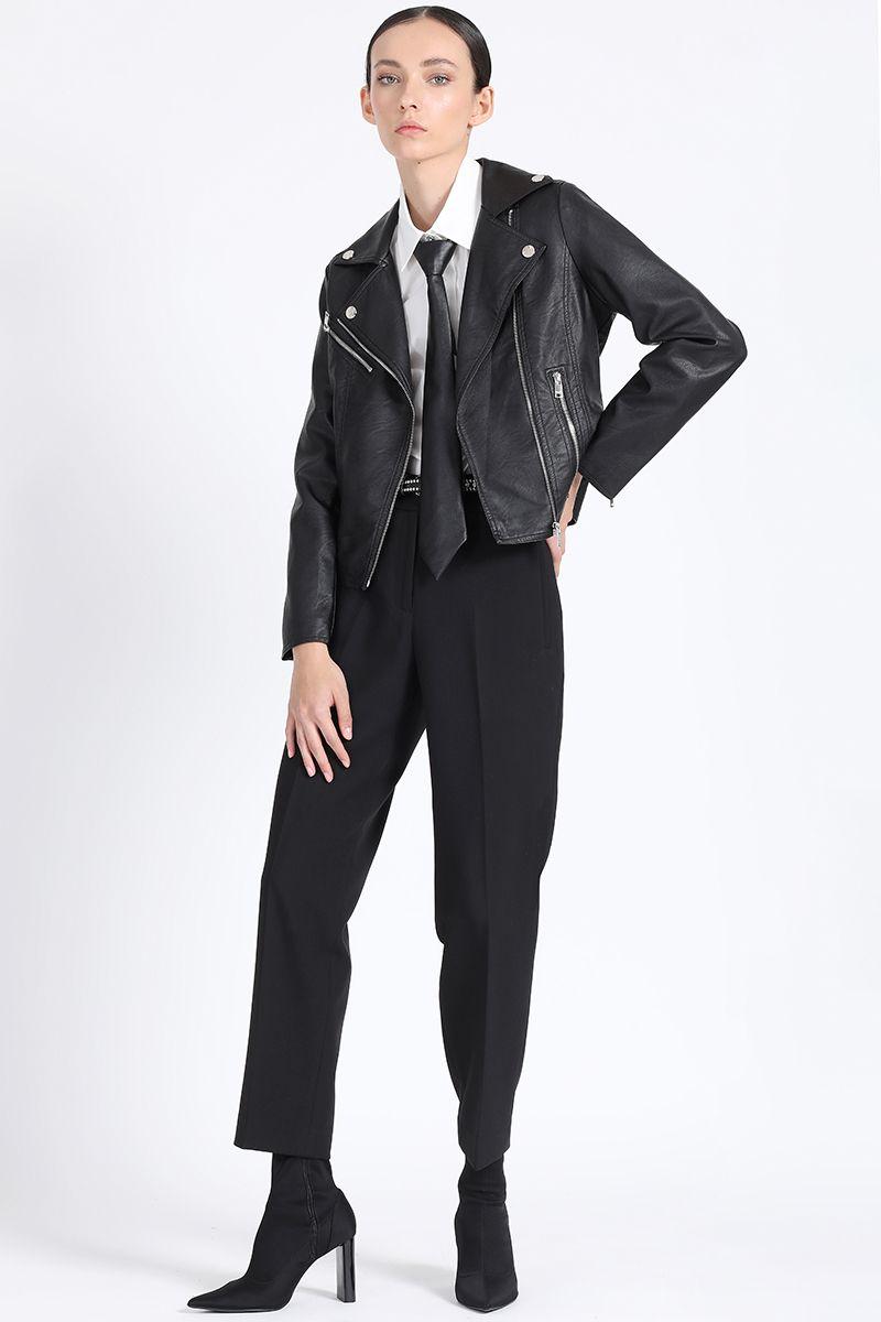 Chaqueta Corta Biker Efecto Cuero, Negro Liola-1