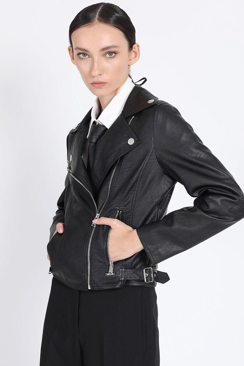 Chaqueta Corta Biker Efecto Cuero, Negro Liola-5
