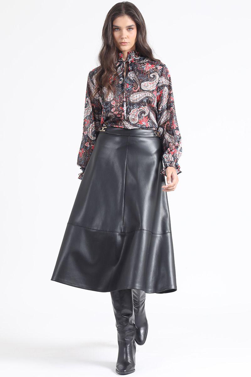 Falda Midi, Efecto Cuero, Negro Liola-0