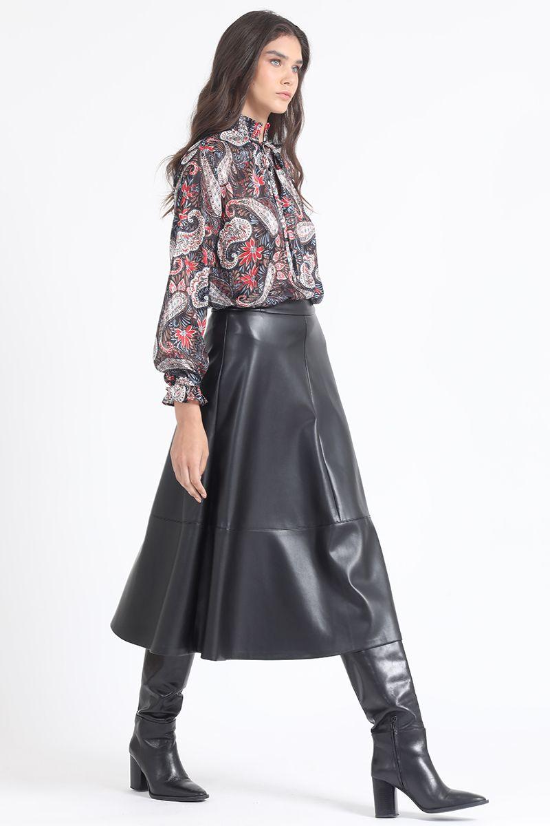 Falda Midi, Efecto Cuero, Negro Liola-2