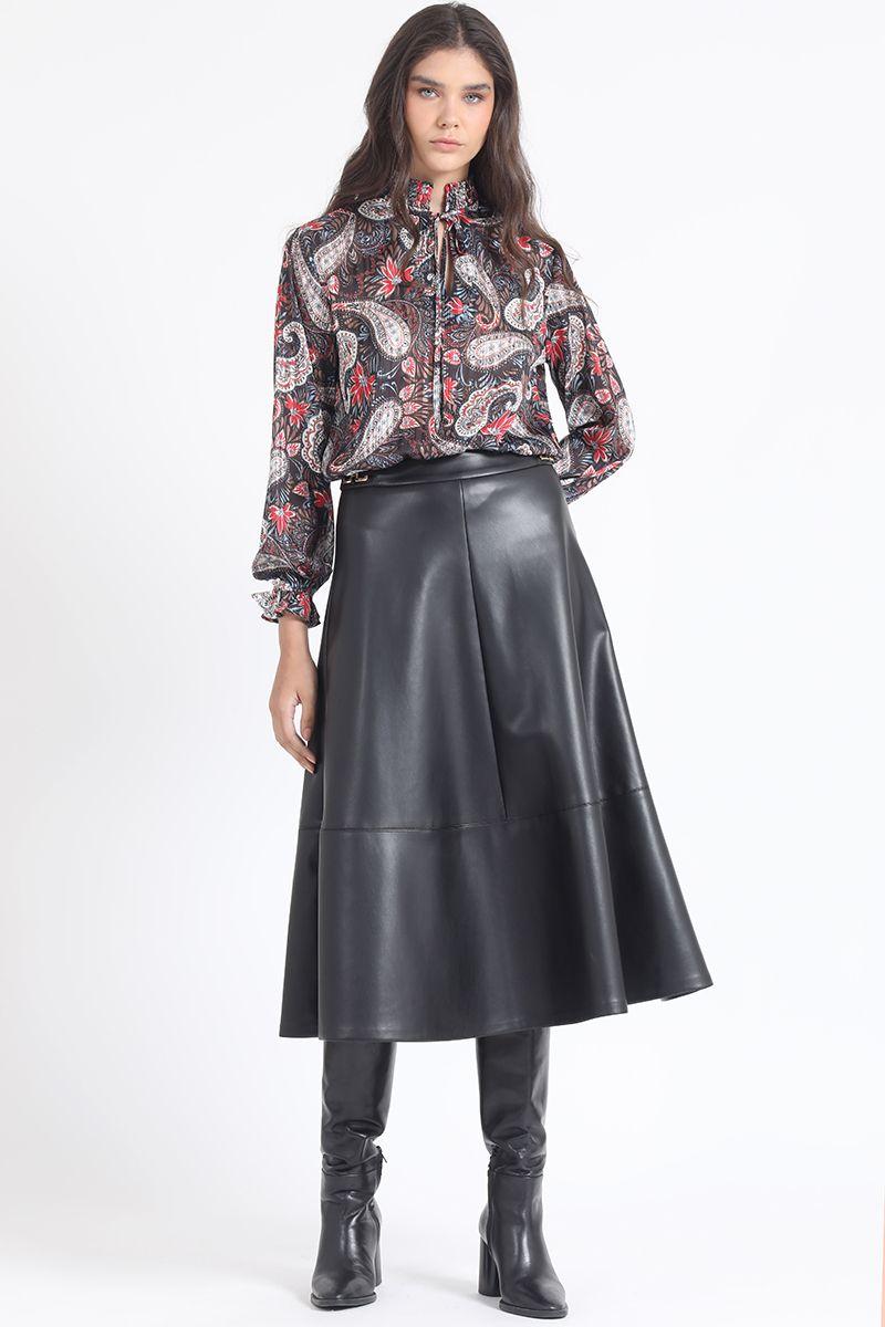 Falda Midi, Efecto Cuero, Negro Liola-4