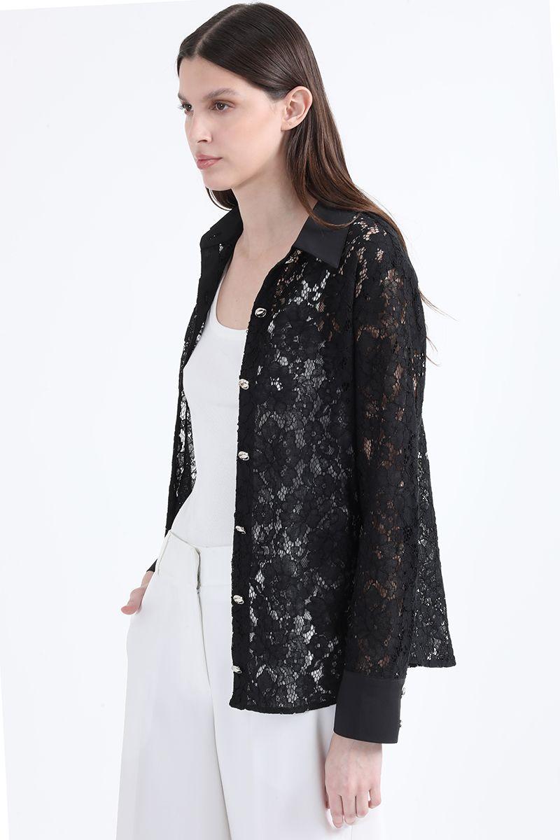 Blusa Encaje Boton Fantasia, Negro Liola-2