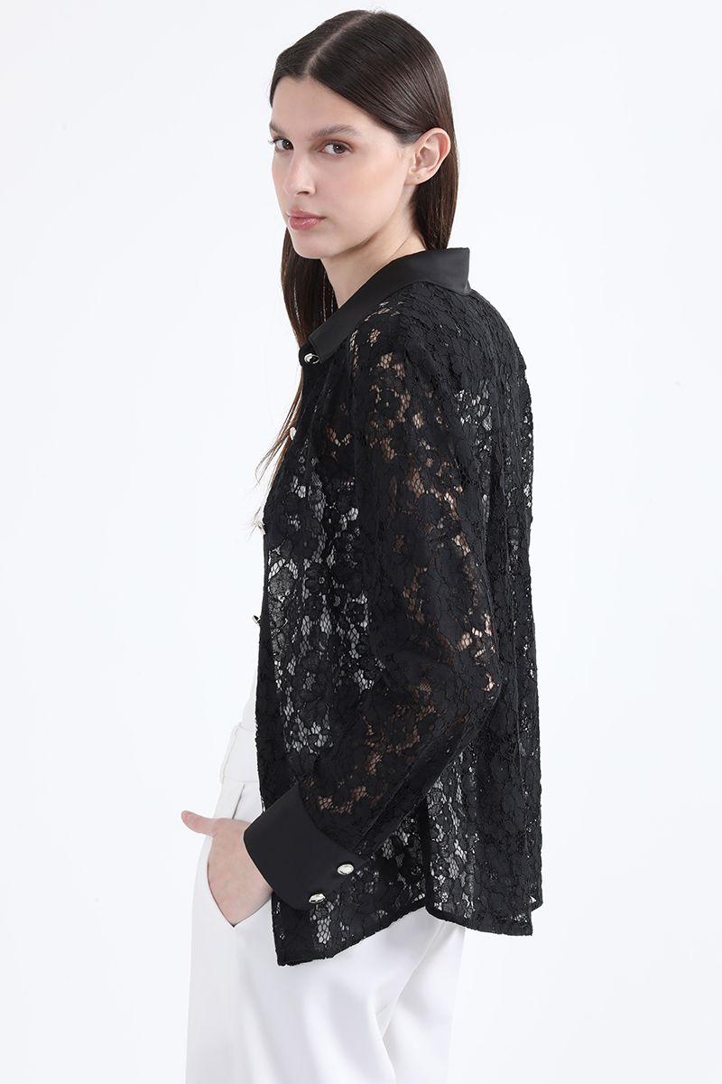 Blusa Encaje Boton Fantasia, Negro Liola-5