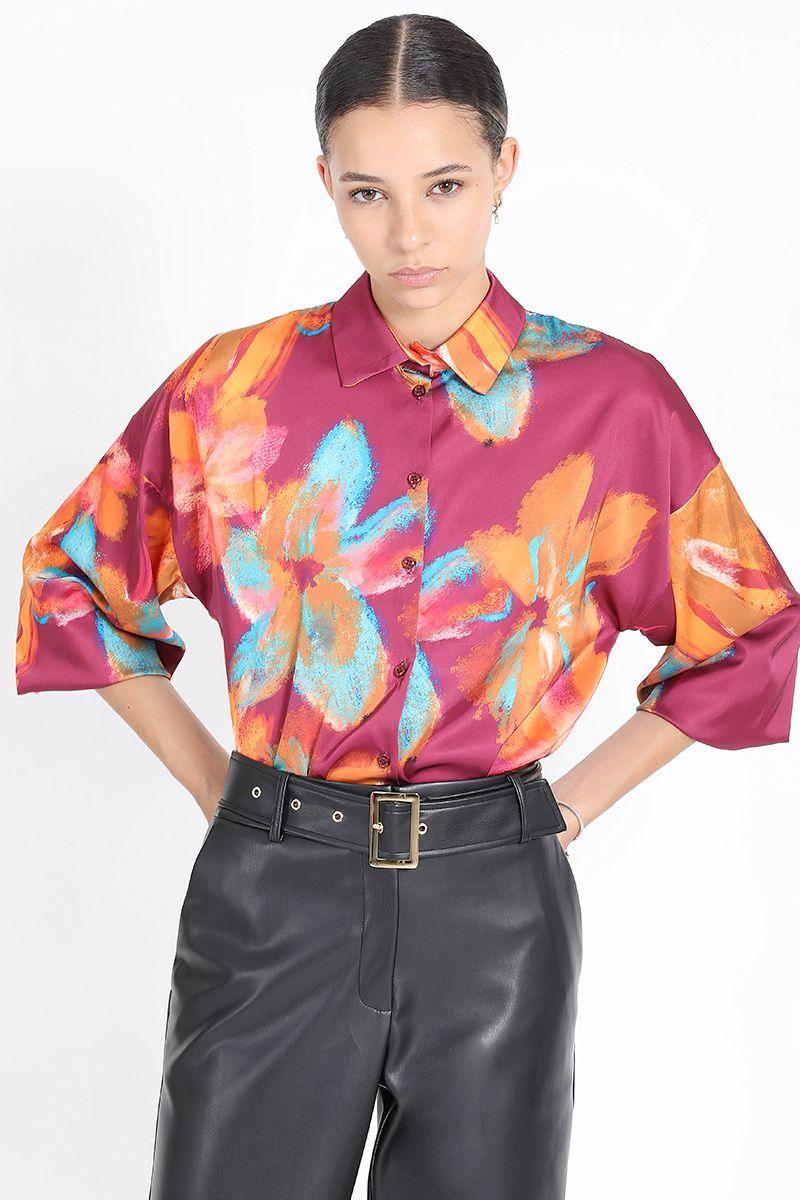 Blusa Camisera Estampado Florones Naranjo Liola-1