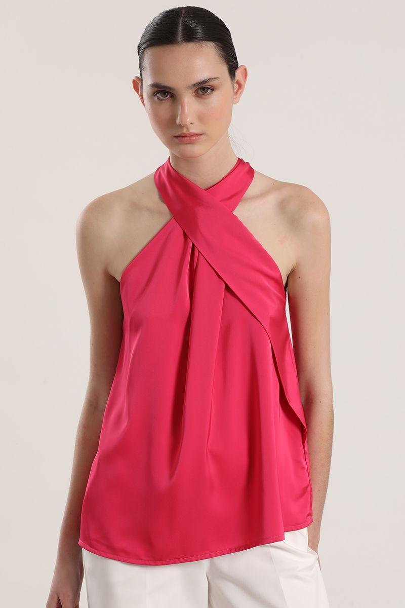 Top satinado cruzado Liola mujer fucsia-0