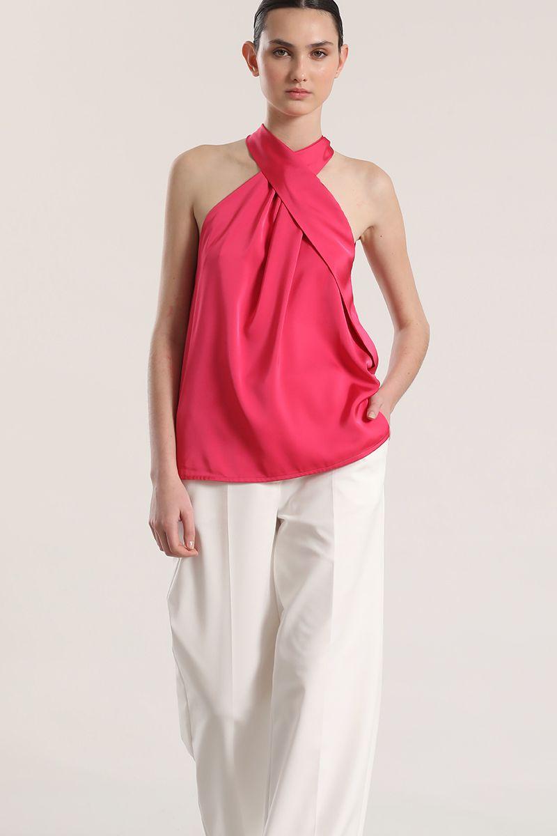 Top satinado cruzado Liola mujer fucsia-2