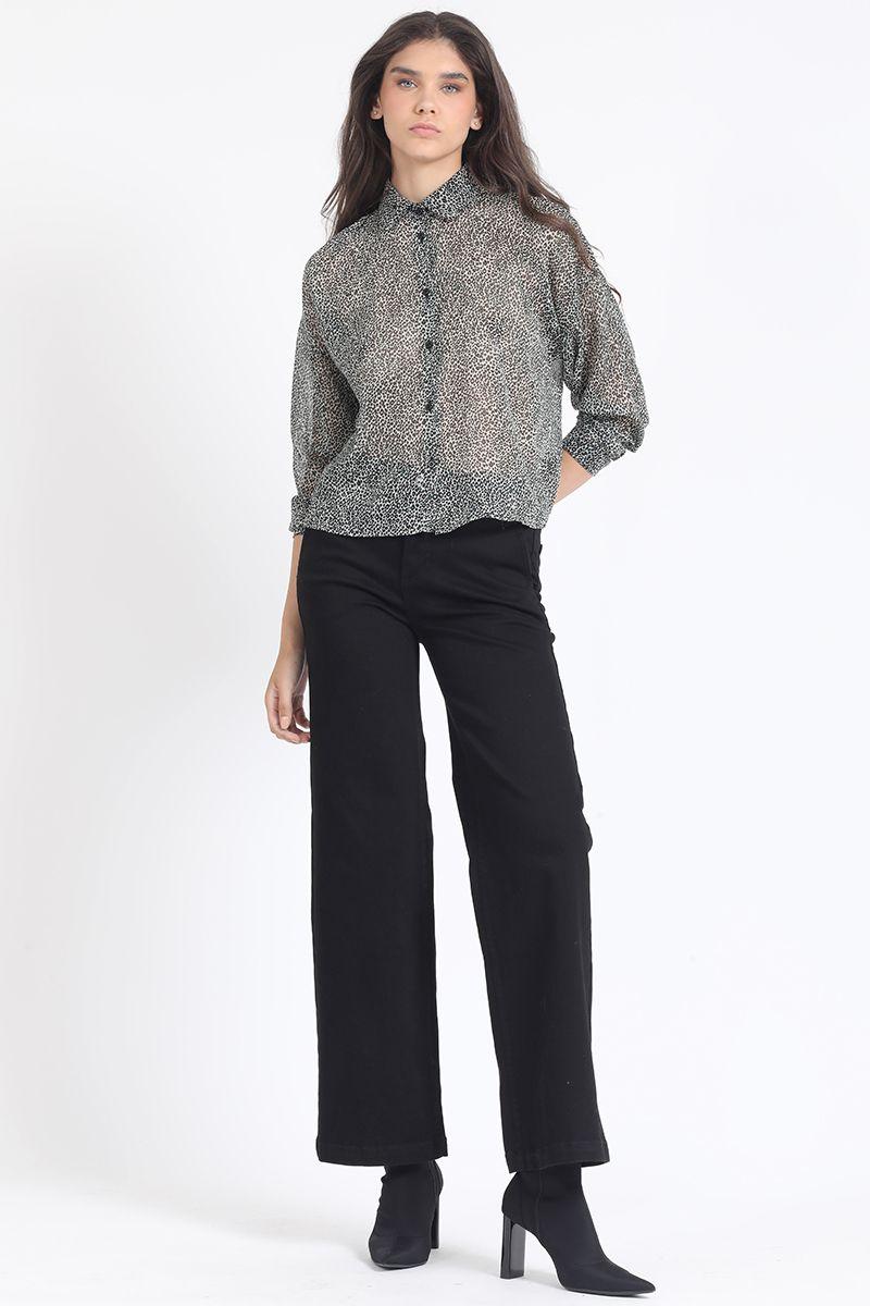 Jeans Straight Color, Tiro Medio, Con Bordado, Negro Liola-0