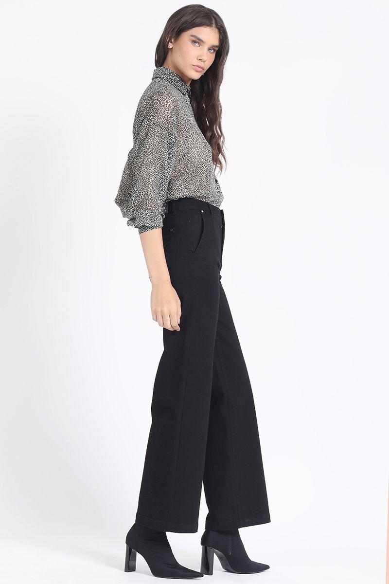 Jeans Straight Color, Tiro Medio, Con Bordado, Negro Liola-3