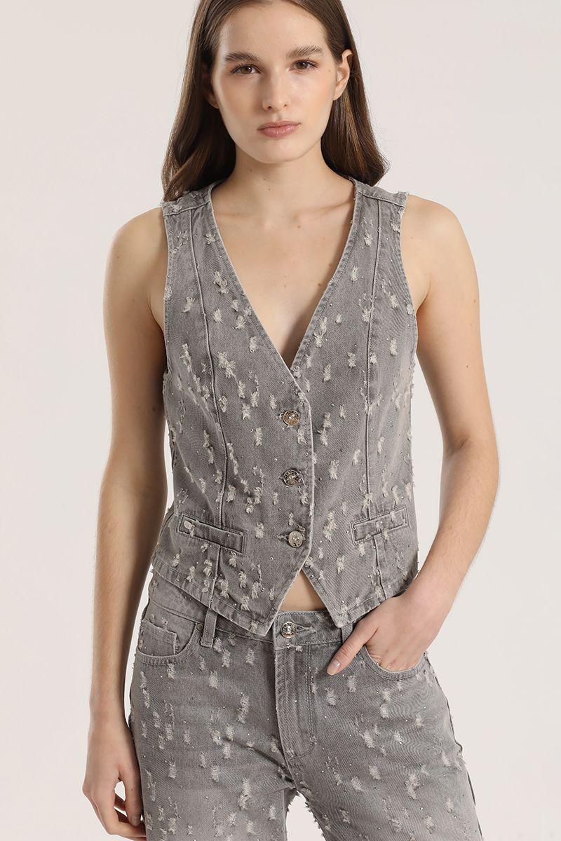 Chaleco sastre desgastado denim Liola mujer gris-0