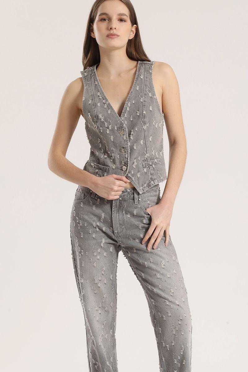 Chaleco sastre desgastado denim Liola mujer gris-1