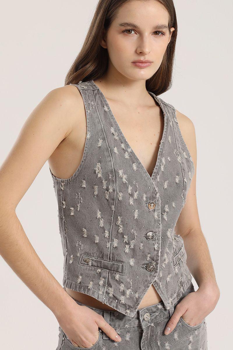 Chaleco sastre desgastado denim Liola mujer gris-4