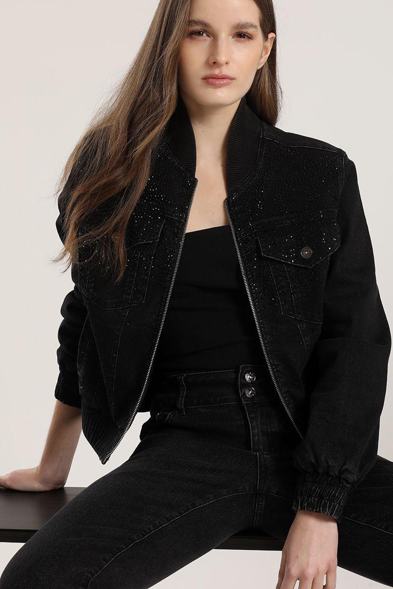 Chaqueta Bomber denim con strass Liola mujer negro-0