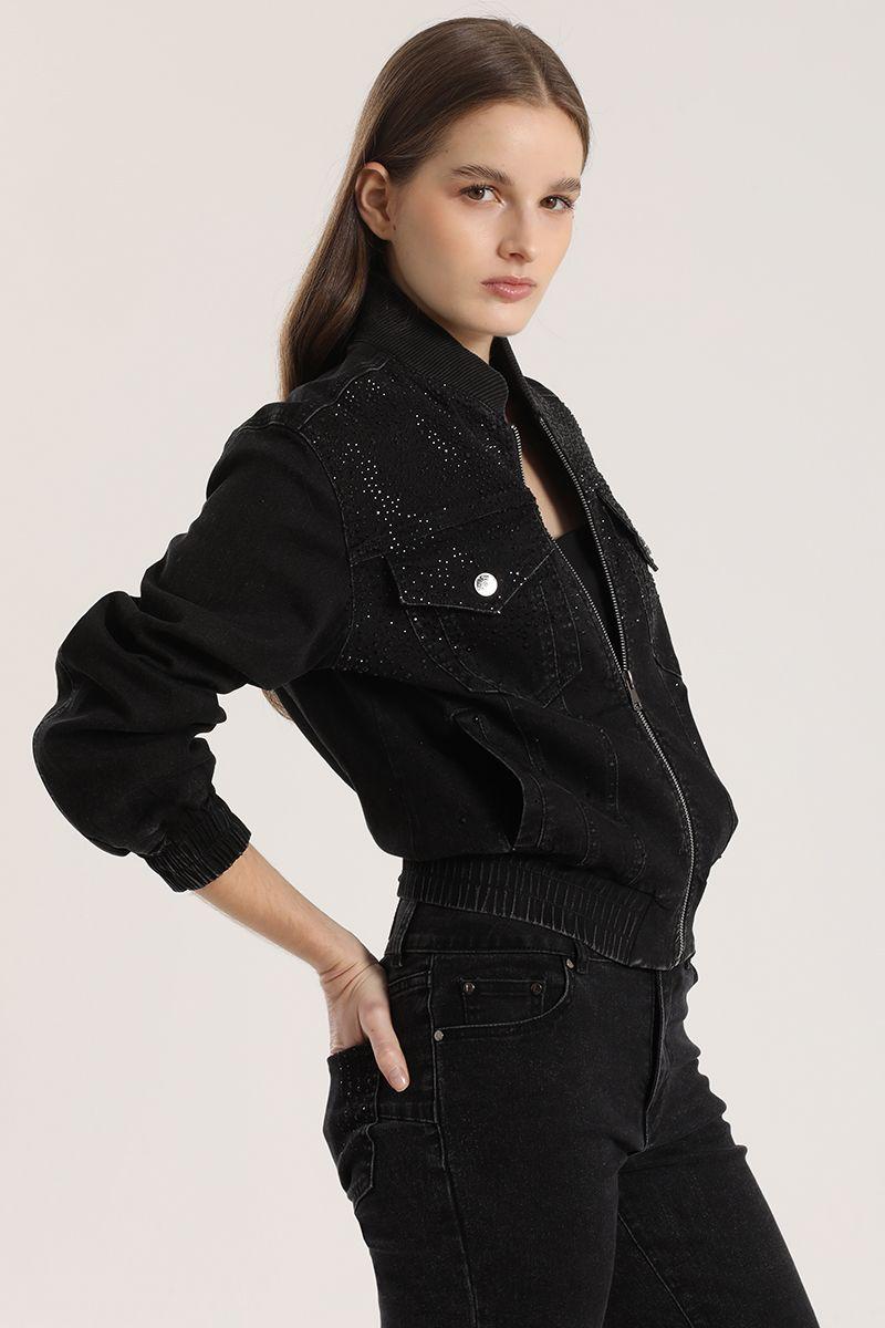 Chaqueta Bomber denim con strass Liola mujer negro-1