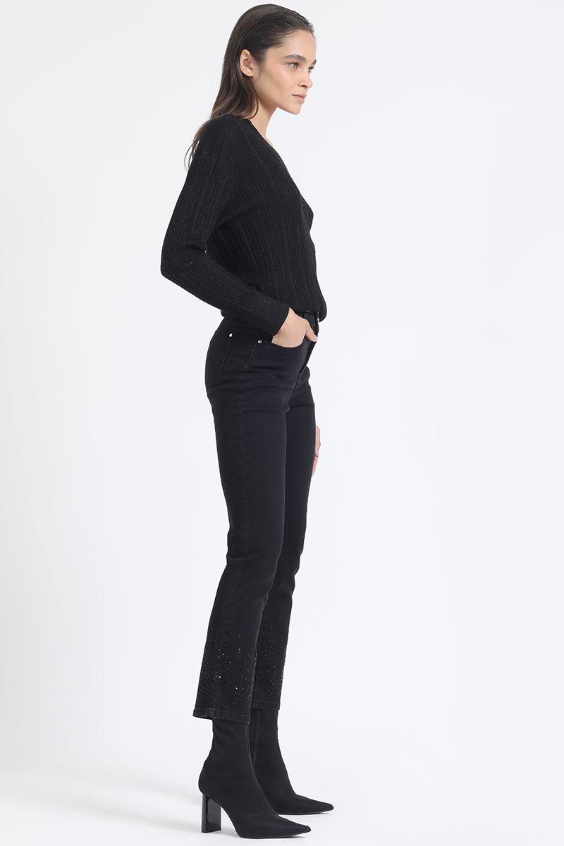 Jeans Slim, Tiro Medio, Bordado Lentejuelas, Negro Liola-0