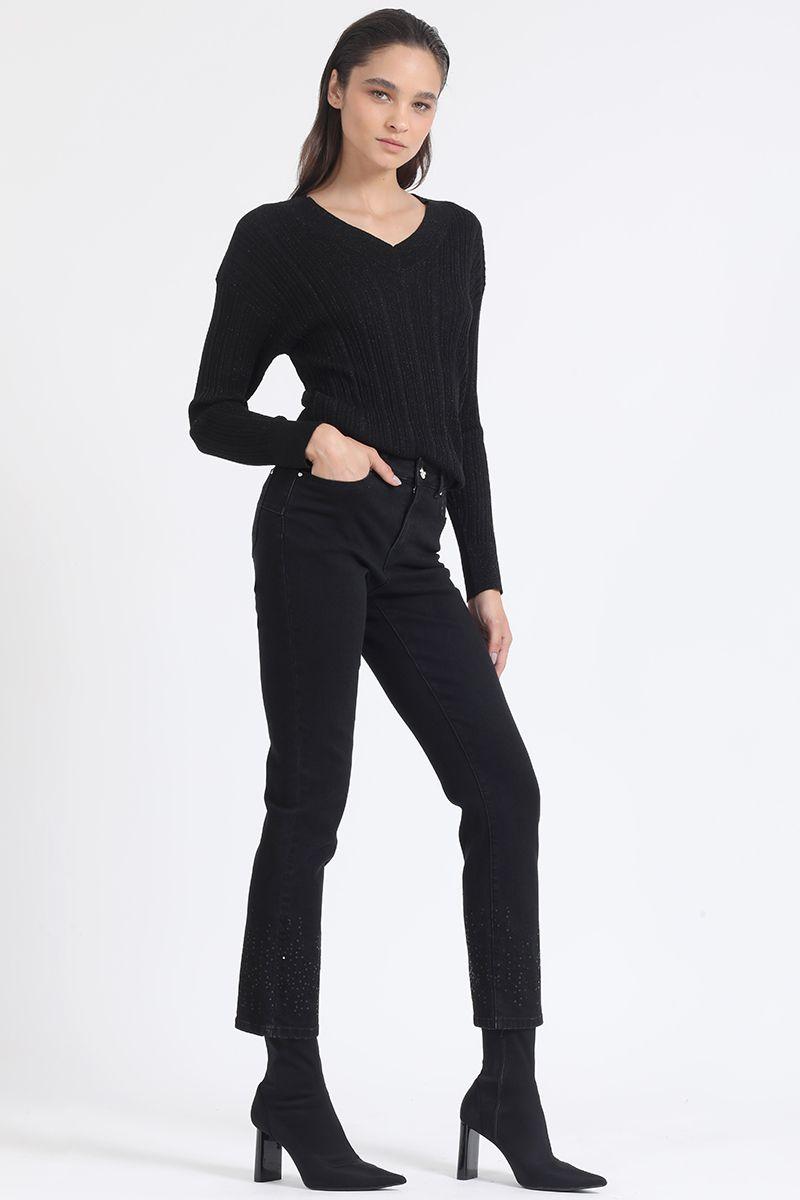 Jeans Slim, Tiro Medio, Bordado Lentejuelas, Negro Liola-2