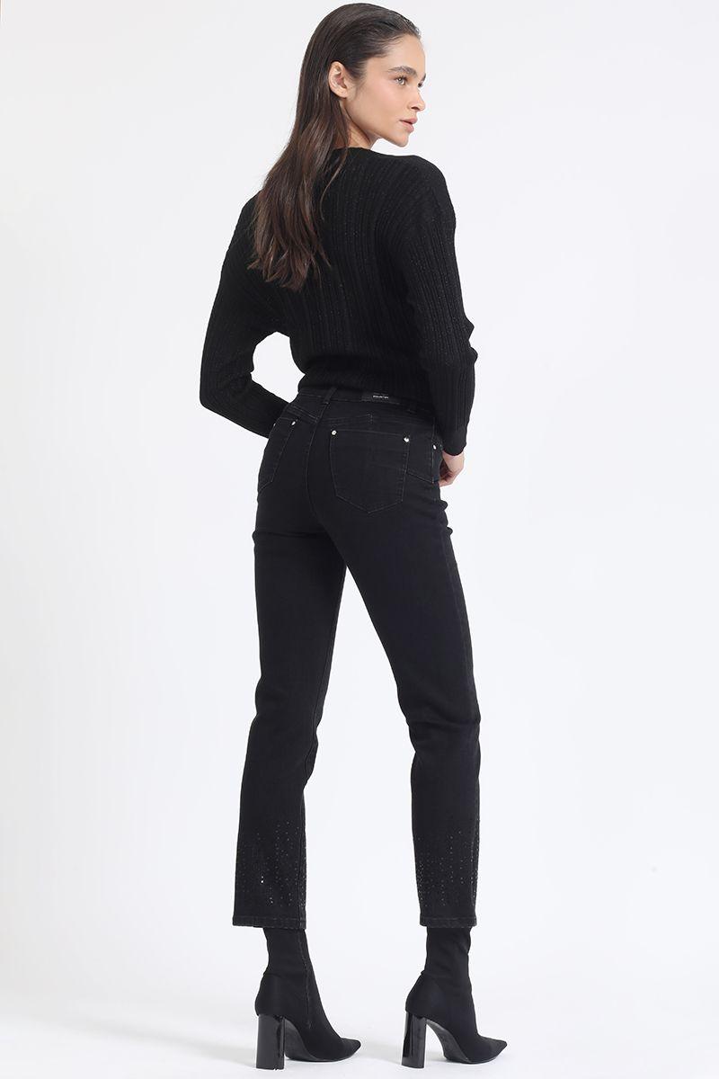 Jeans Slim, Tiro Medio, Bordado Lentejuelas, Negro Liola-4