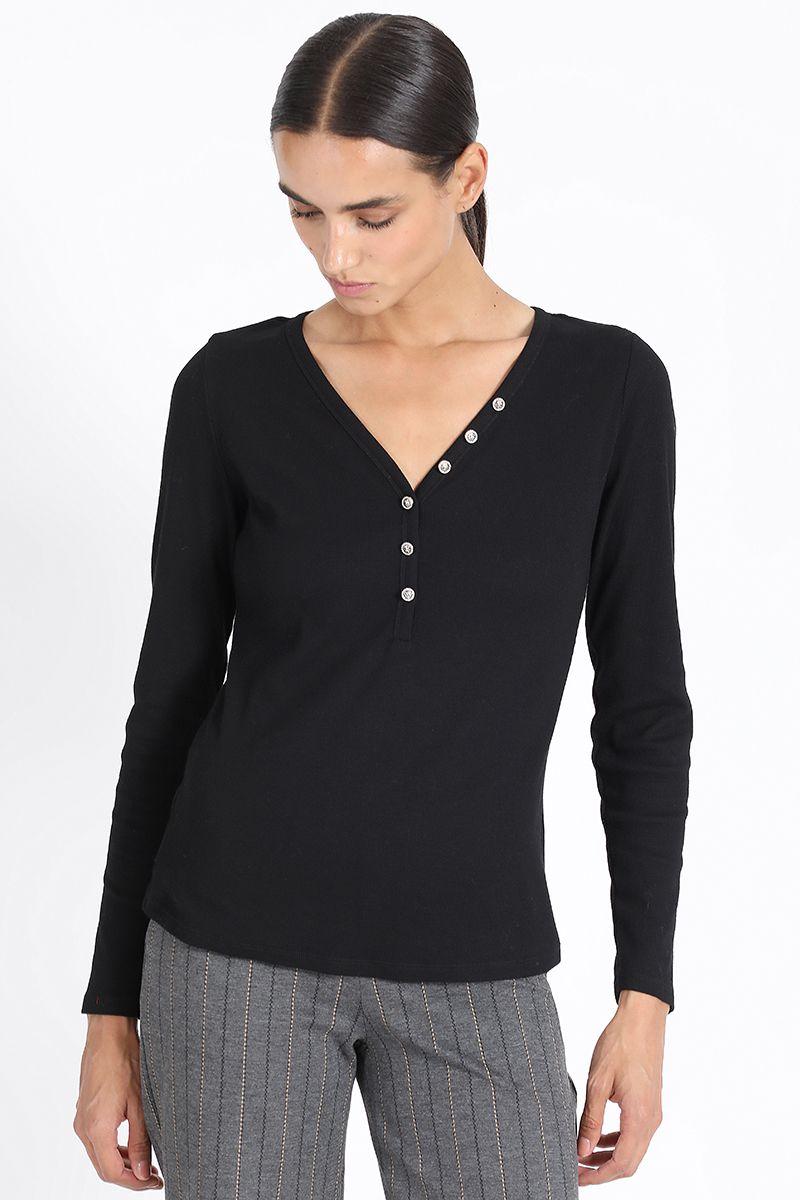 Polera Basica Boton Joya, Negro Liola-2