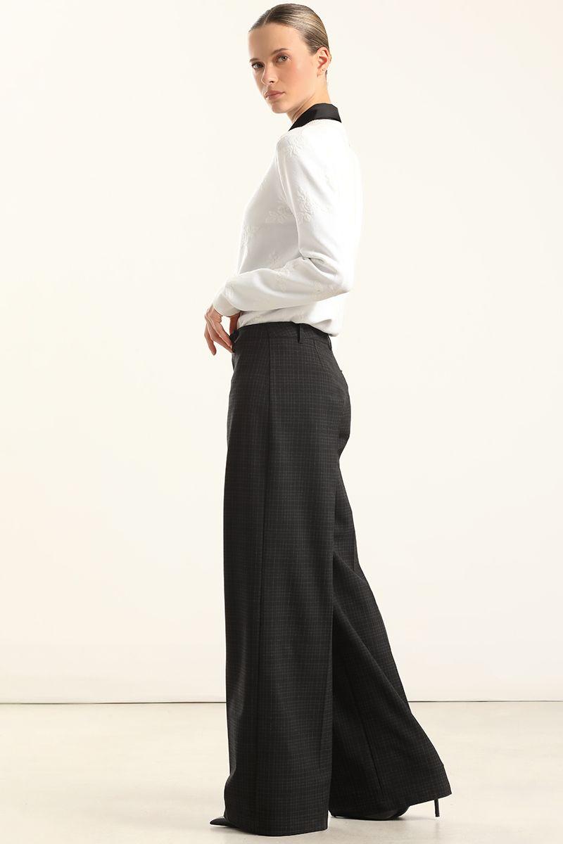 Pantalon Ancho Cuadros Fantasia, Negro Liola-3
