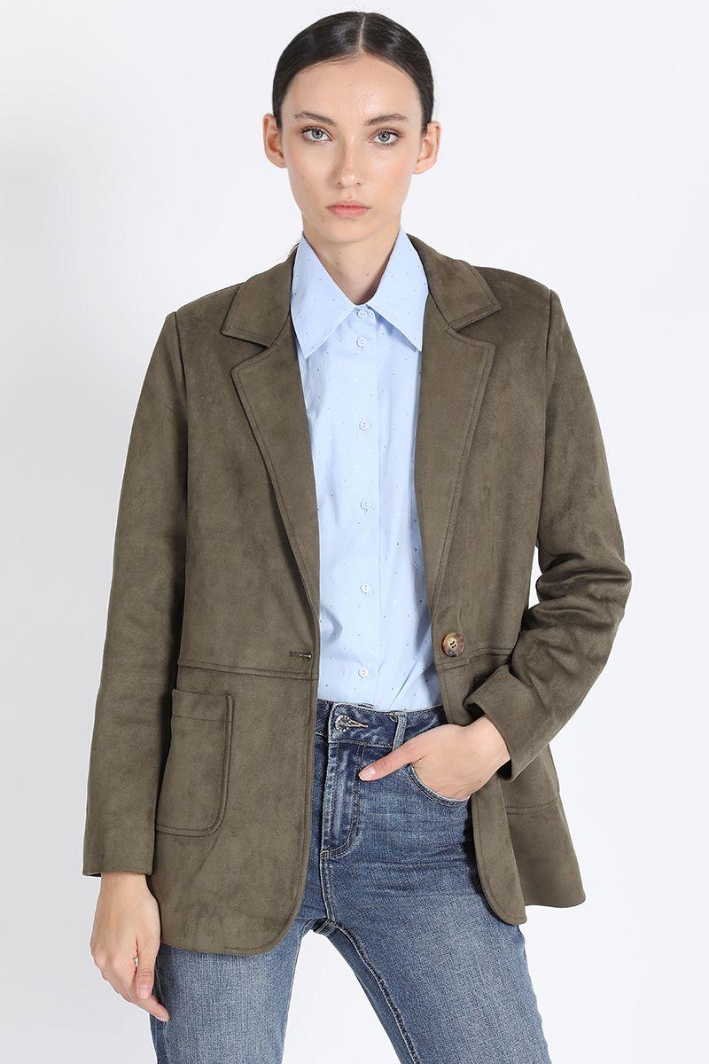 Blazer Semi Recto Efecto Gamuza, Militar Liola-0