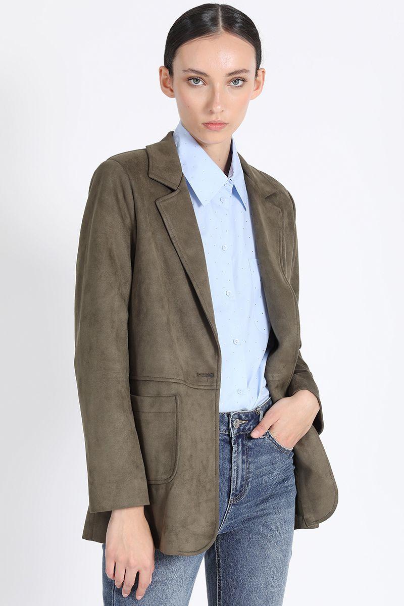 Blazer Semi Recto Efecto Gamuza, Militar Liola-4
