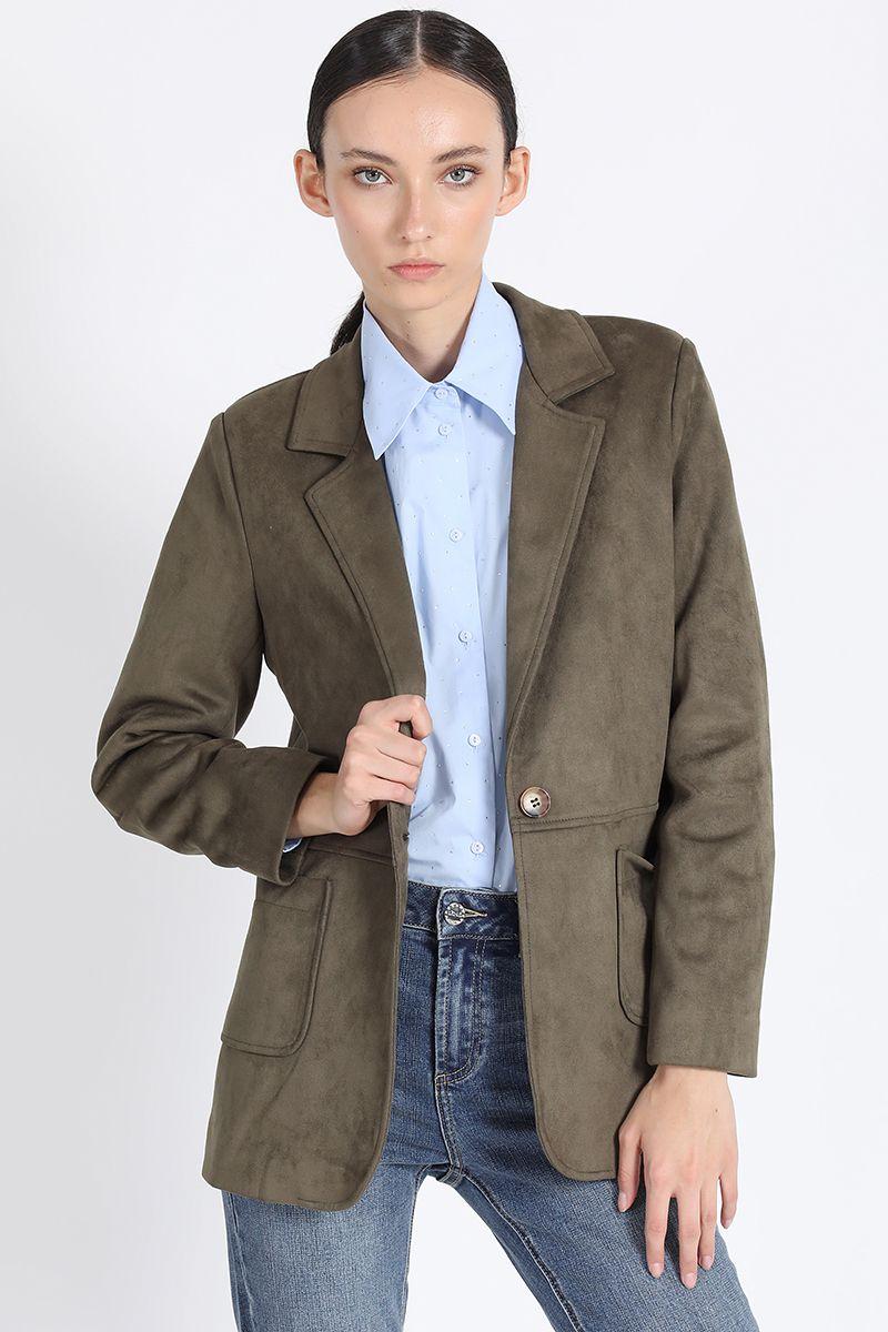 Blazer Semi Recto Efecto Gamuza, Militar Liola-5