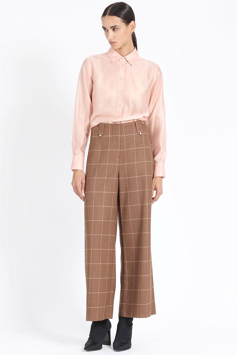 Pantalon Ancho Tiro Alto, Cuadros, Café Liola-0