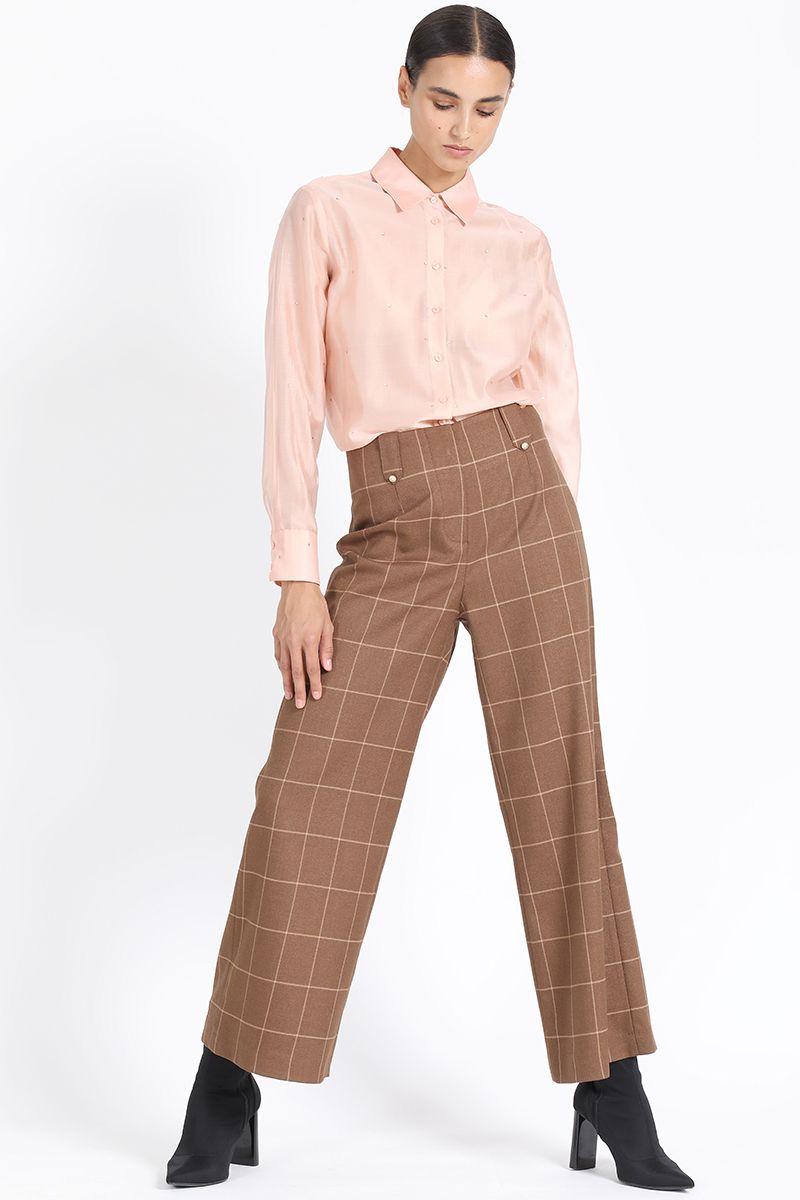 Pantalon Ancho Tiro Alto, Cuadros, Café Liola-1