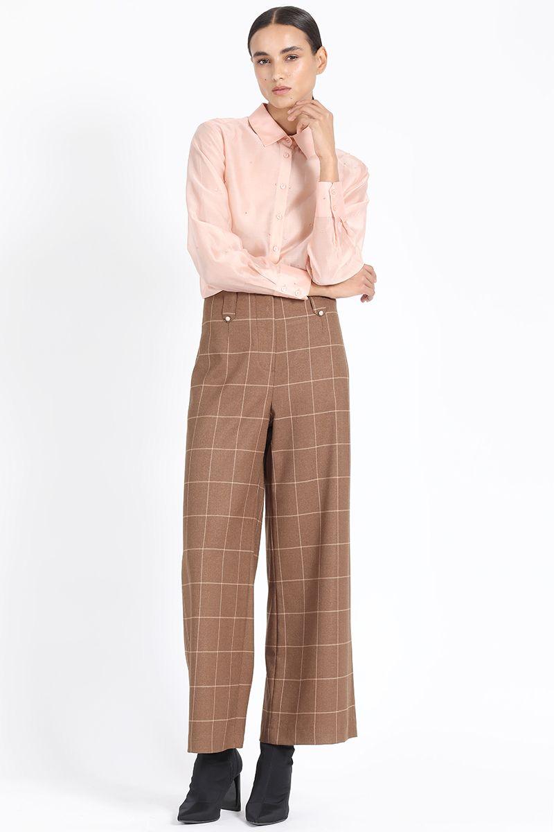 Pantalon Ancho Tiro Alto, Cuadros, Café Liola-2