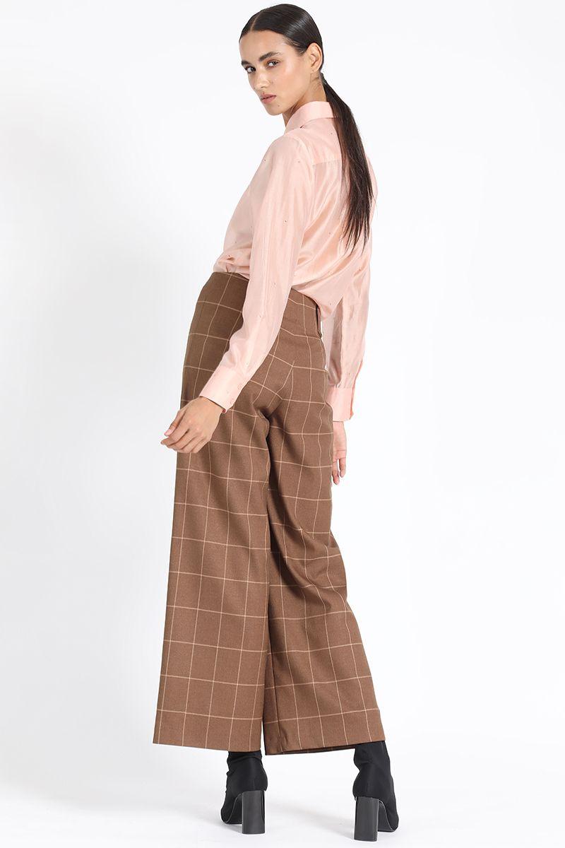 Pantalon Ancho Tiro Alto, Cuadros, Café Liola-3