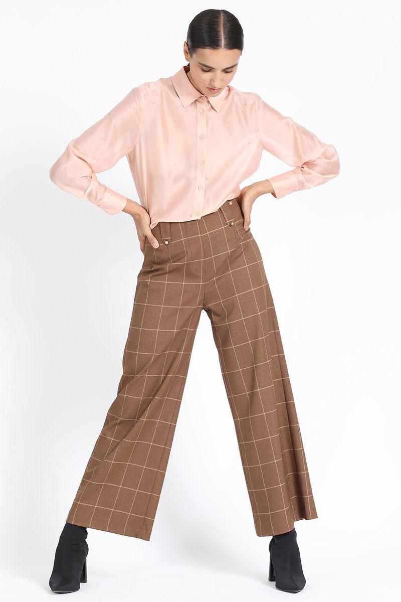 Pantalon Ancho Tiro Alto, Cuadros, Café Liola-4