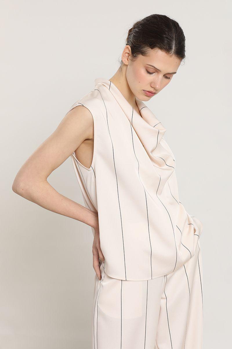 Top satin drapeada, rayas, beige Liola-2