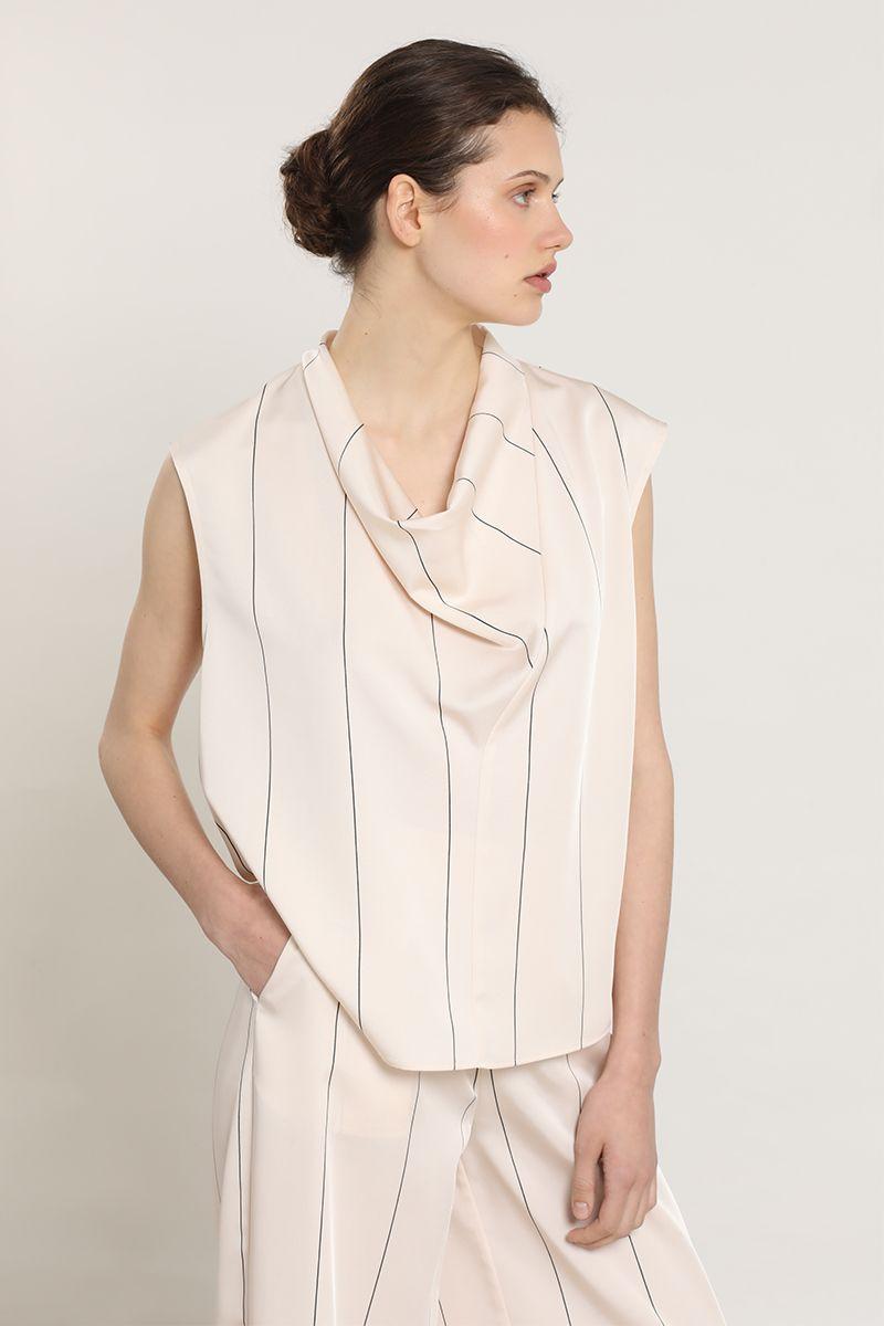 Top satin drapeada, rayas, beige Liola-4