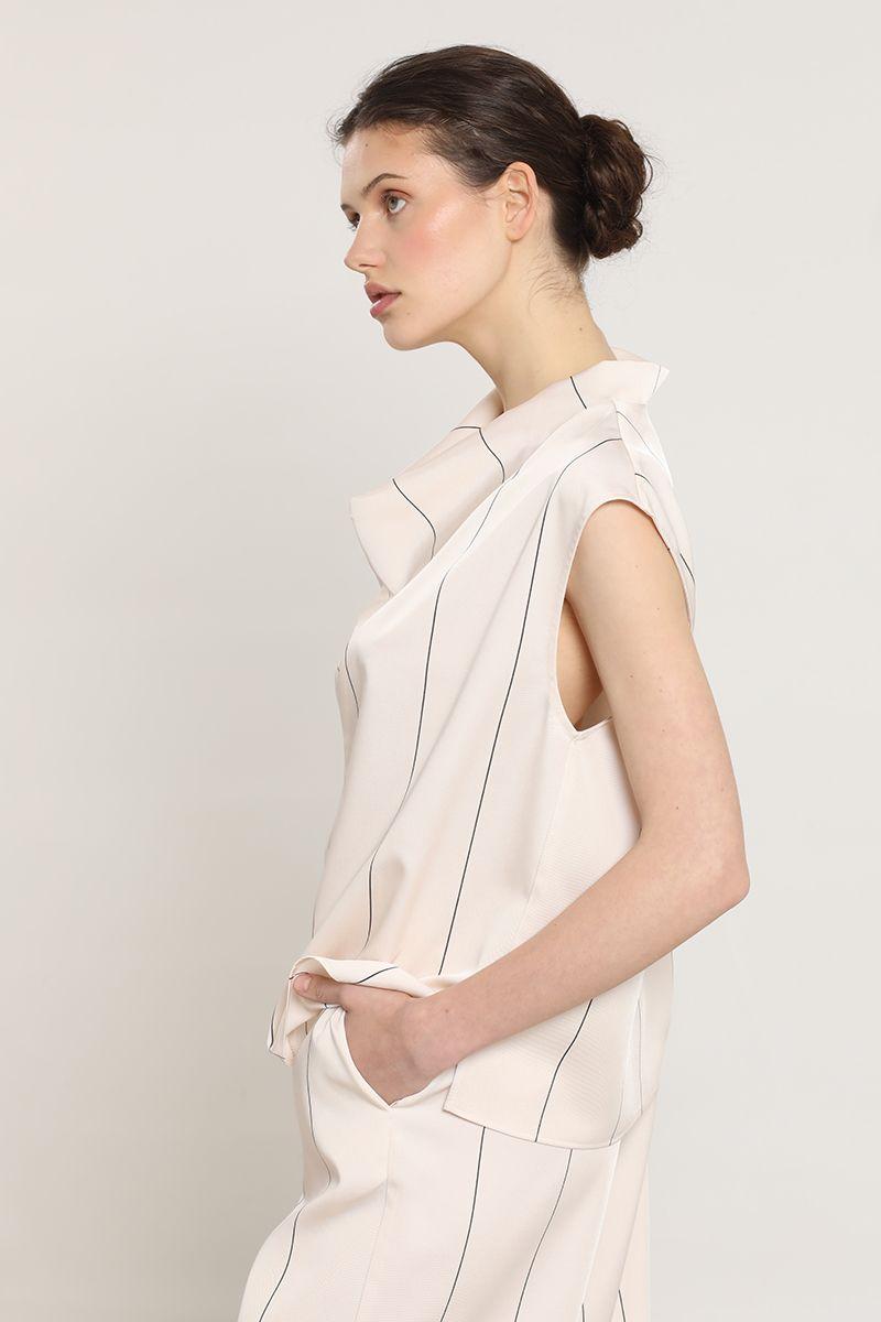 Top satin drapeada, rayas, beige Liola-5