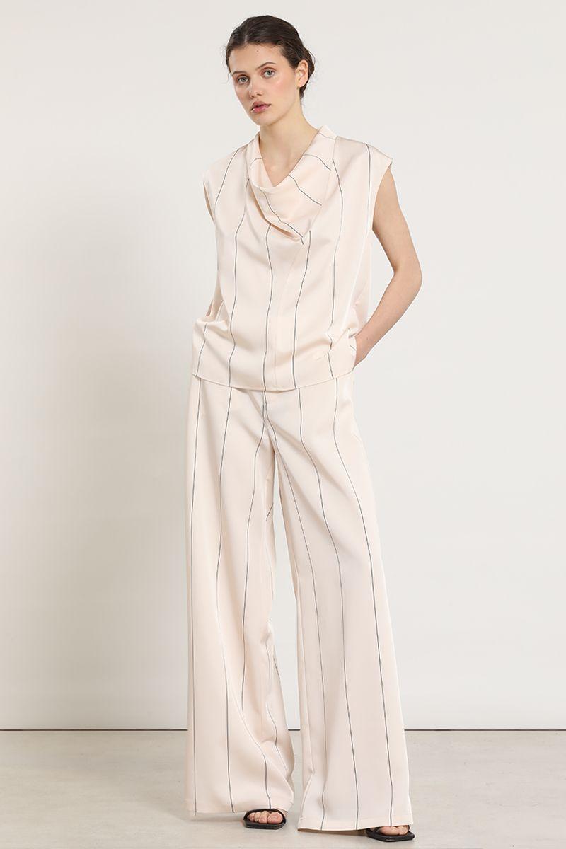 Top satin drapeada, rayas, beige Liola-6