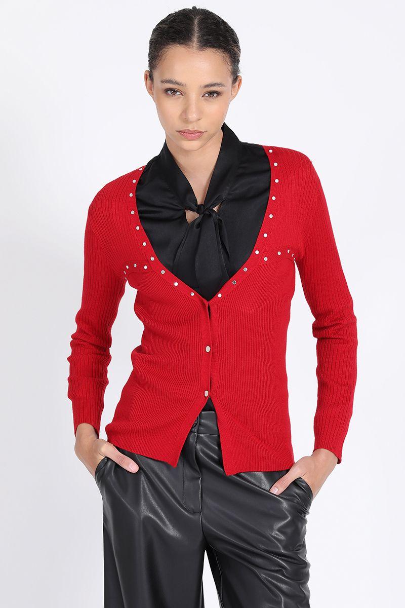 Cardigan Tejido Punto Remaches, Rojo Liola-0