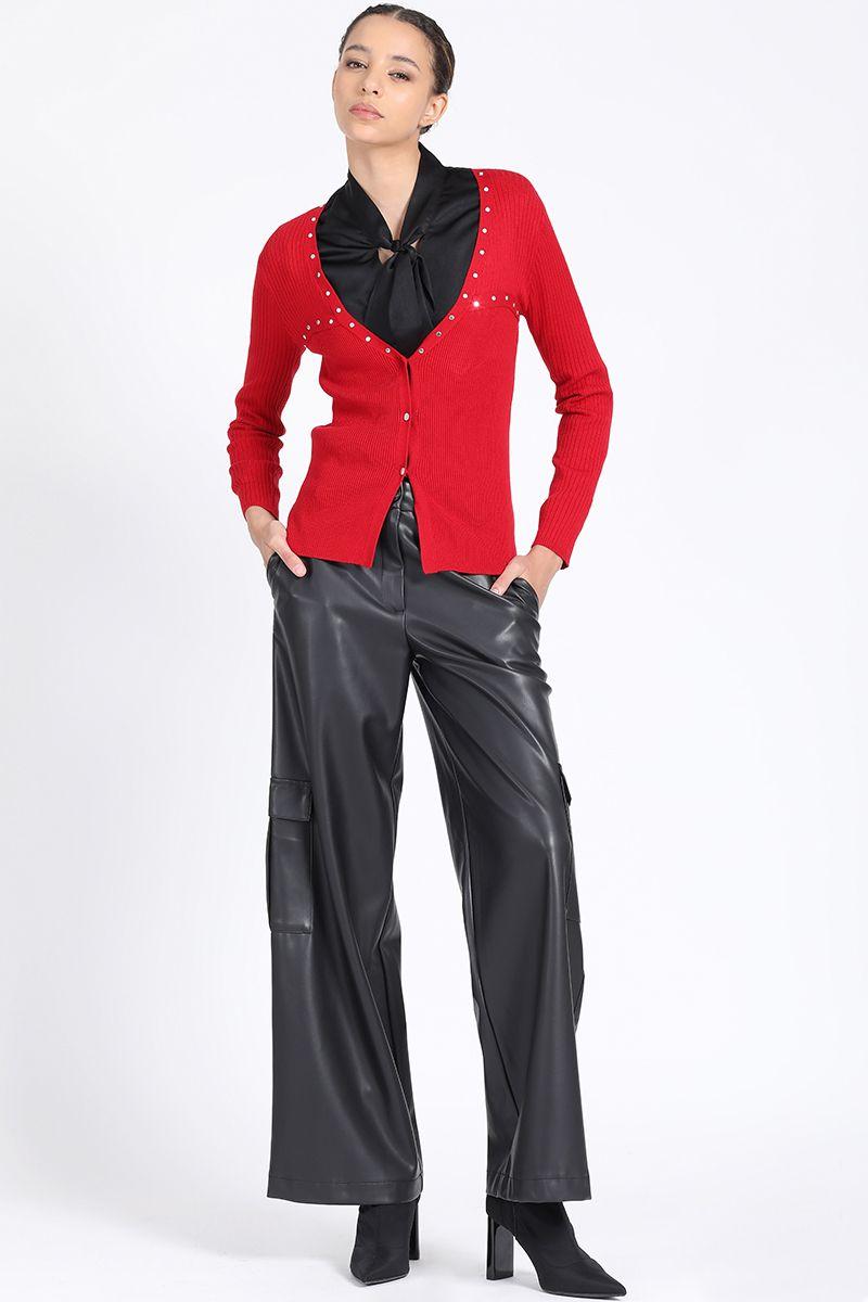 Cardigan Tejido Punto Remaches, Rojo Liola-3